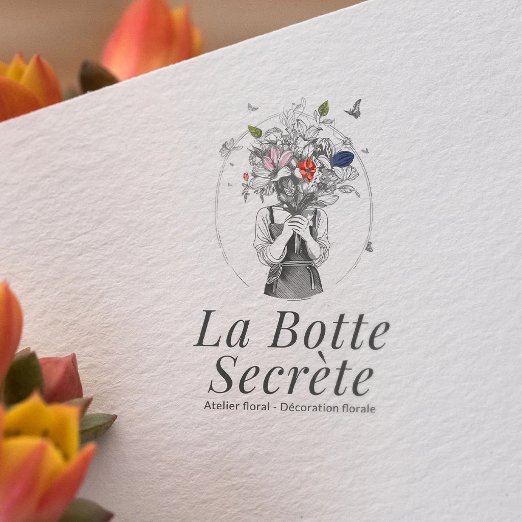 Logo sur mesure pour La Botte Secrète, Atelier Floral à Garidech Création d'un logo élégant et artistique pour La Botte Secrète, atelier floral et décoration florale à Garidech (31380). Design raffiné représentant une silhouette tenant un bouquet de fleurs, avec des touches de couleurs et un style illustratif unique.