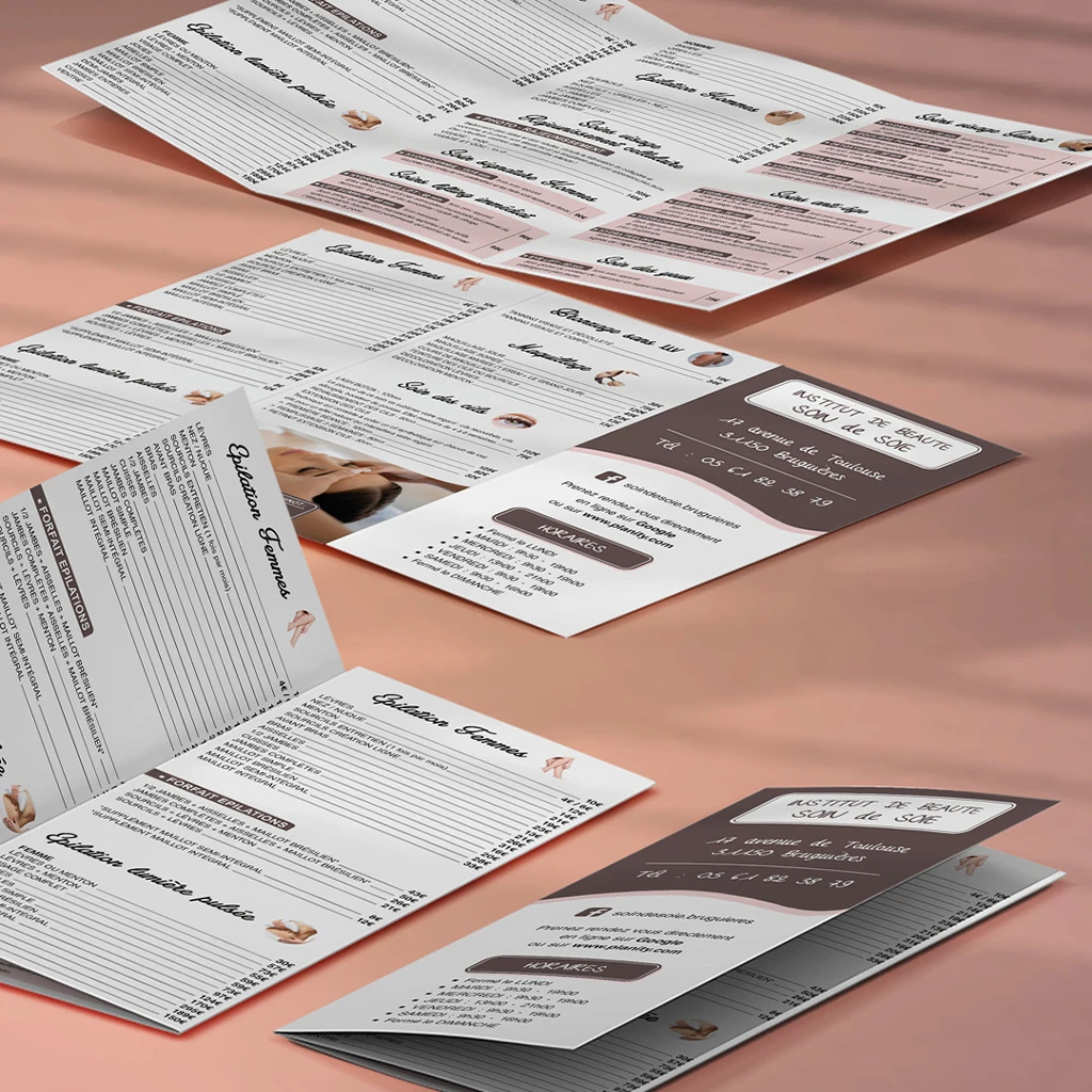 Dépliants Design pour l'Institut de Beauté Soin de Soie à Bruguières Dépliants imprimés et designés pour l'Institut de Beauté Soin de Soie à Bruguières (31150). Présentation des services d'esthétique, soins du corps et épilation, avec une mise en page élégante et professionnelle.