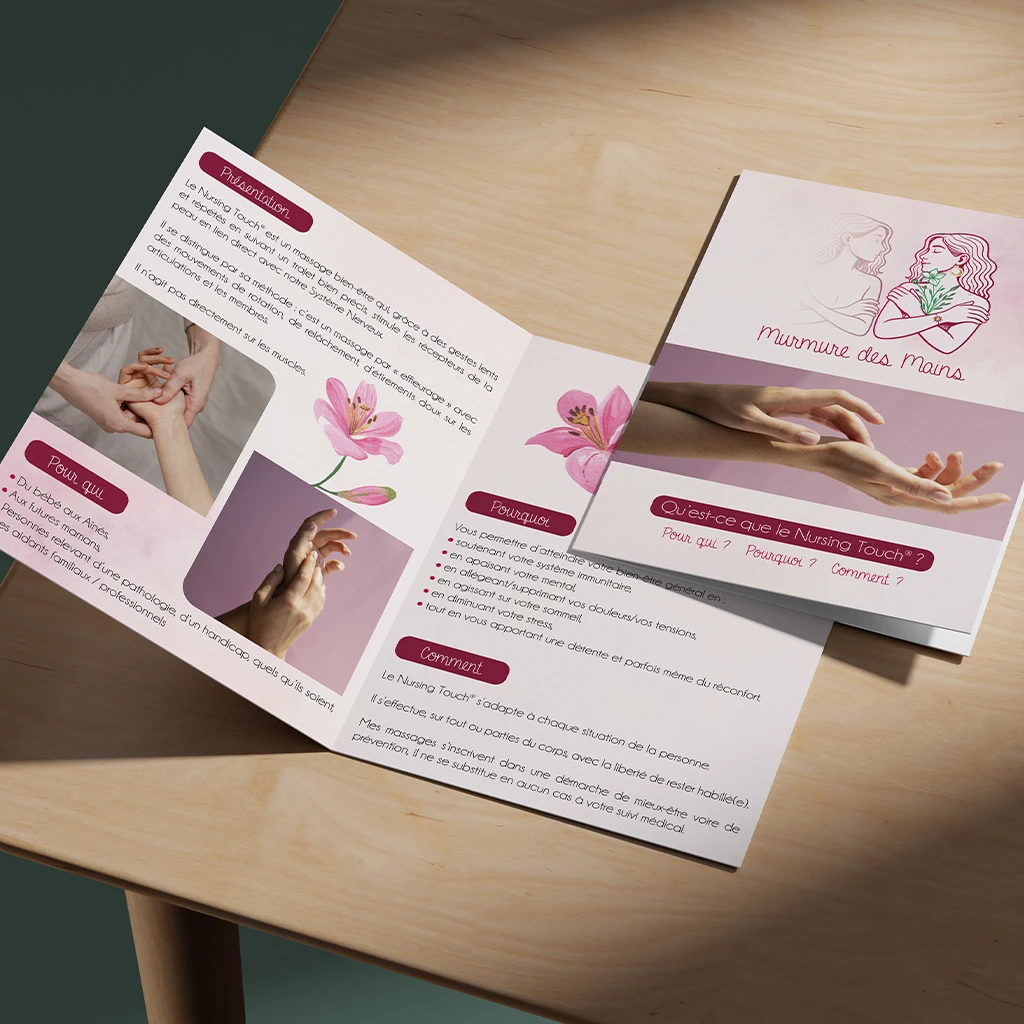 Dépliants Design pour Murmure des Mains, Nursing Touch Dépliants imprimés et designés pour Murmure des mains à Bruguières (31150). Nursing Touch