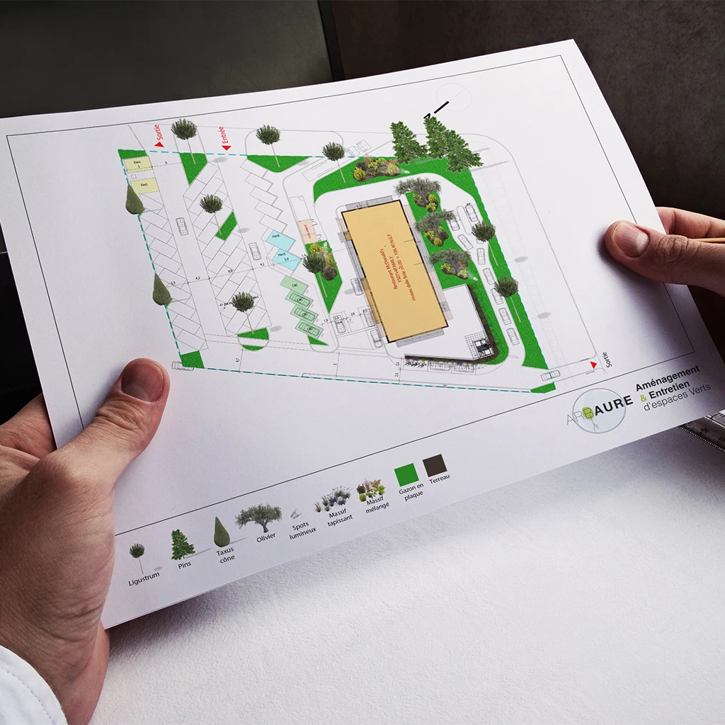 Plan en 2D pour Arbaure, Paysagiste à Montereau-Fault-Yonne 77 Cette image représente un plan en 2D pour le paysagiste Arbaure situé à Montereau-Fault-Yonne, dans le 77. Le plan montre une conception paysagère détaillée avec des éléments tels que des arbres, des arbustes, des chemins, et d'autres installations de jardin. Les différents aspects du paysage sont clairement étiquetés pour une meilleure compréhension. Le nom Arbaure et les coordonnées du paysagiste sont également visibles sur le plan.