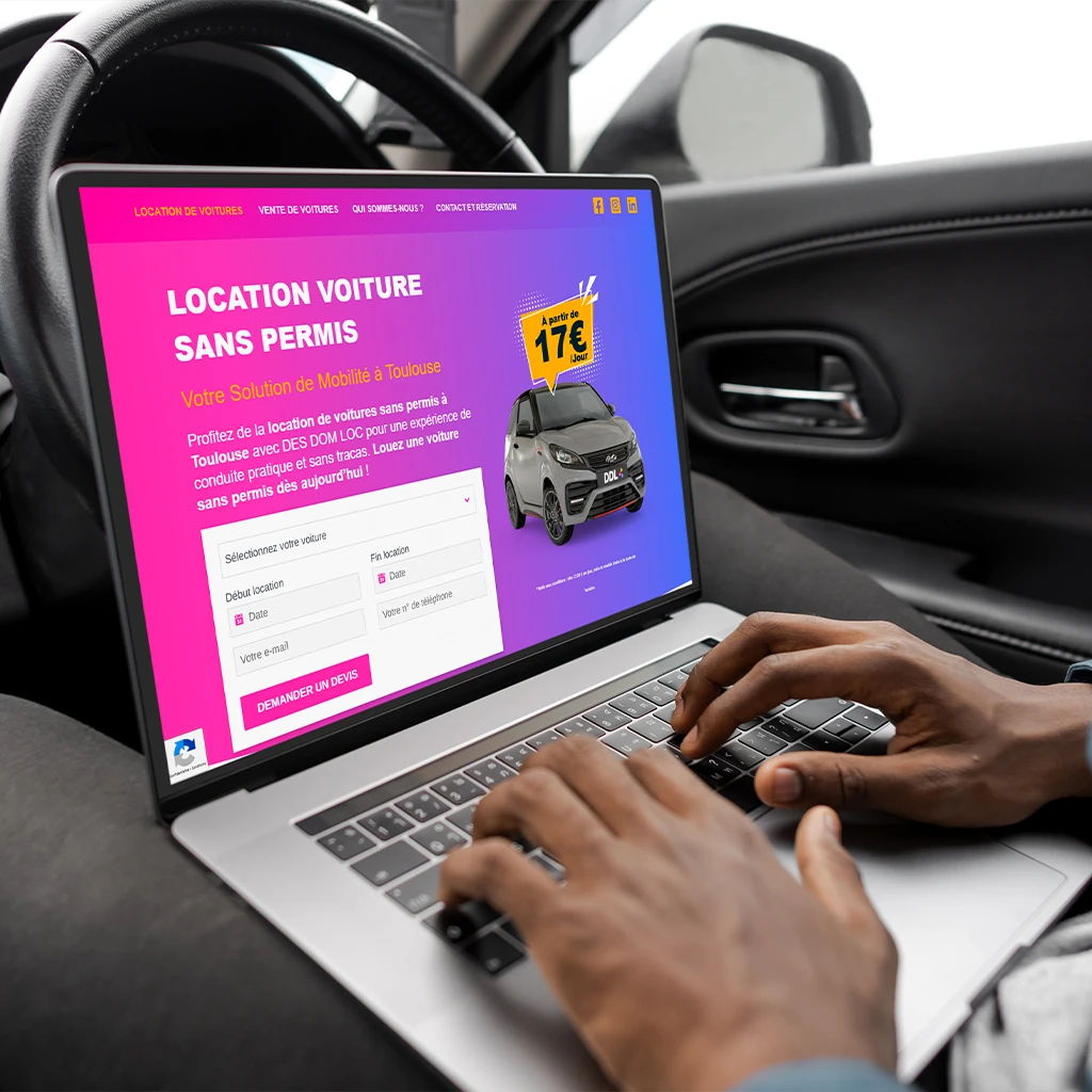 Web design pour Desdomloc – Location de voitures sans permis à Toulouse Création de site web pour Desdomloc, spécialiste de la location de voitures sans permis à Toulouse. Interface moderne et dynamique avec un design coloré et une navigation intuitive, permettant aux utilisateurs de réserver facilement leur véhicule en ligne.